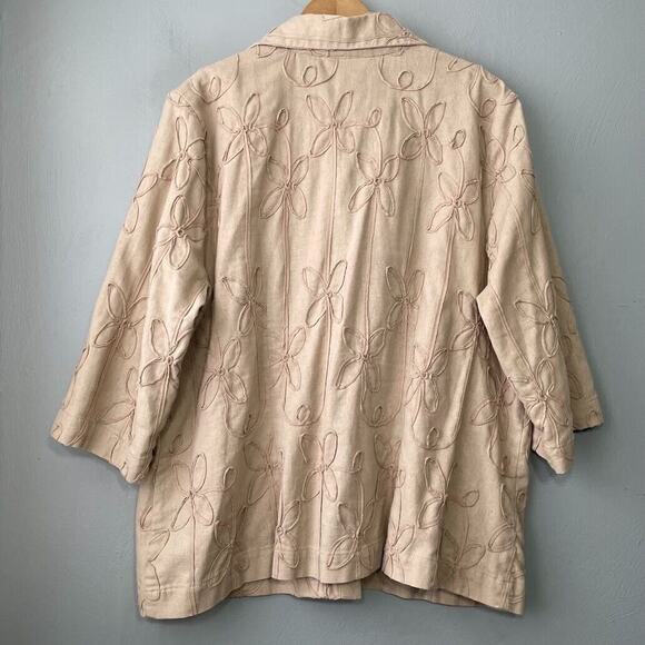 CJ Banks Top Plus Size 1X Beige Linen Soutache Embroidered Lagenlook Minimalist - Picture 4 of 9